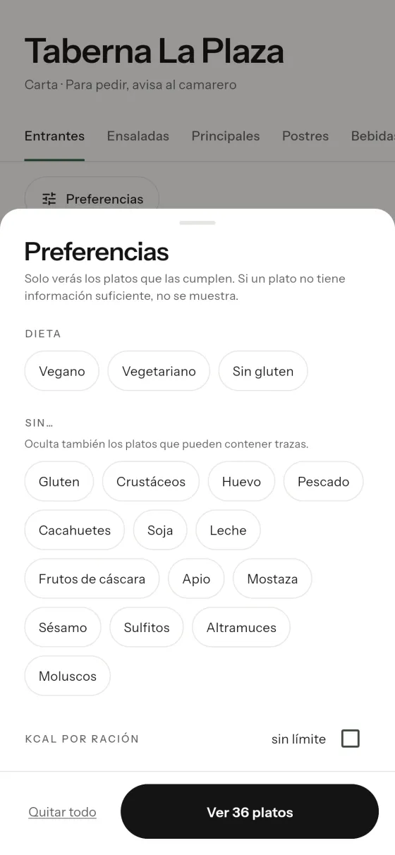 Carta QR: el cliente filtra por los 14 alérgenos y por dieta
