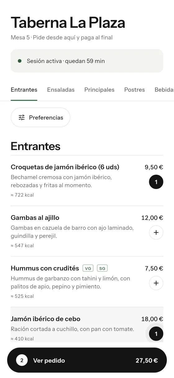 Carta QR de la mesa 5 en el móvil del cliente, con dos platos en el pedido