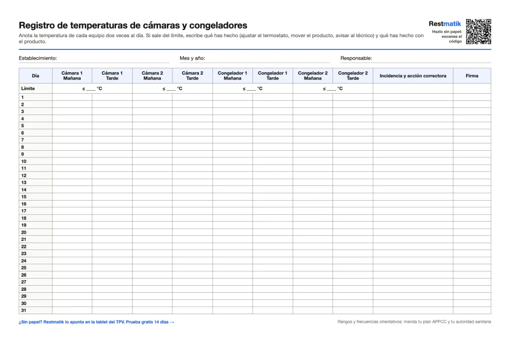 Hoja de registro de temperaturas de cámaras y congeladores: 31 días, mañana y tarde por equipo, límite, incidencia y firma