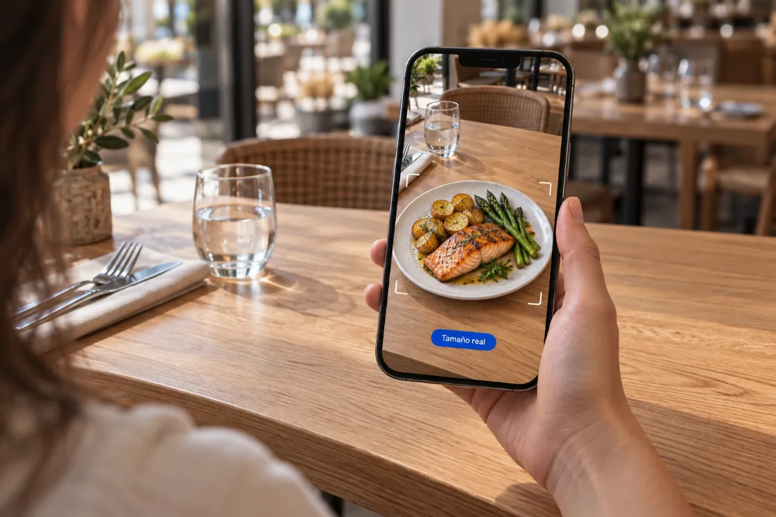 Un cliente sujeta el móvil sobre la mesa del restaurante y ve en la pantalla un plato de salmón con patatas y espárragos en 3D, a tamaño real, encima de la mesa