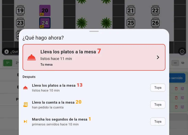 «¿Qué hago ahora?»: lleva los platos a las mesas 7 y 13, lleva la cuenta a la mesa 20 y marcha los segundos de la mesa 1